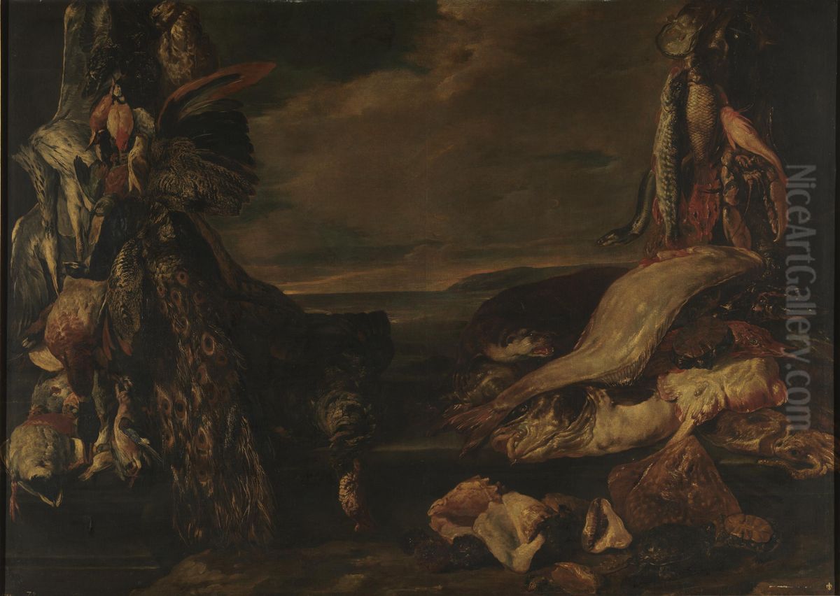Stilleven van gevogelte en vis Oil Painting by Pieter Boel