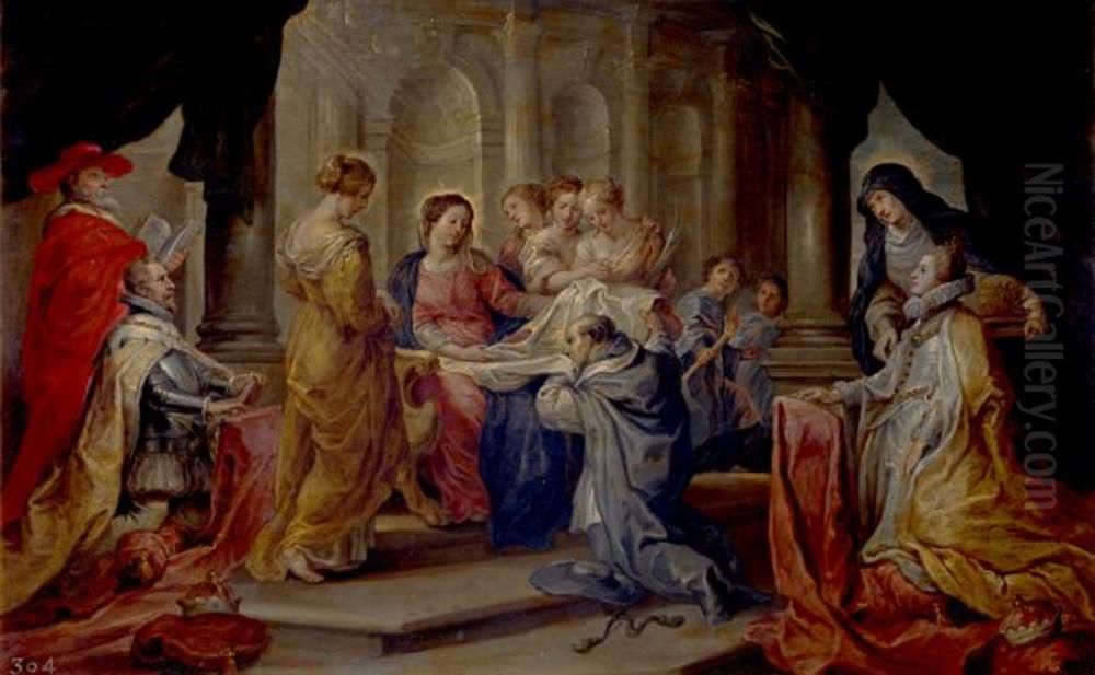Saint Ildefonso receiving the chasuble from the virgin, in the presence of archduke Albert and the Infanta Isabella Oil Painting by (studio of) Rubens, Peter Paul