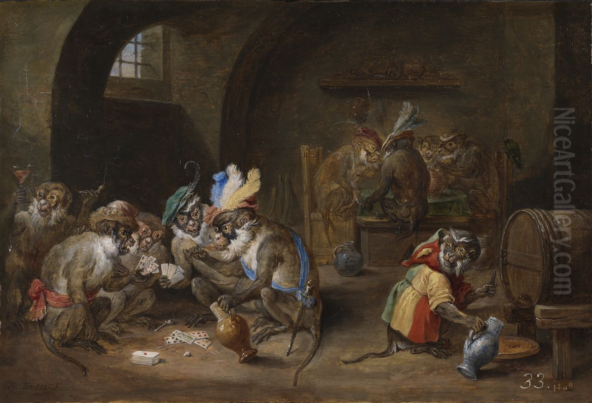 Monkeys playing cards, drinking and smoking in an interior Oil Painting by David Teniers the Younger
