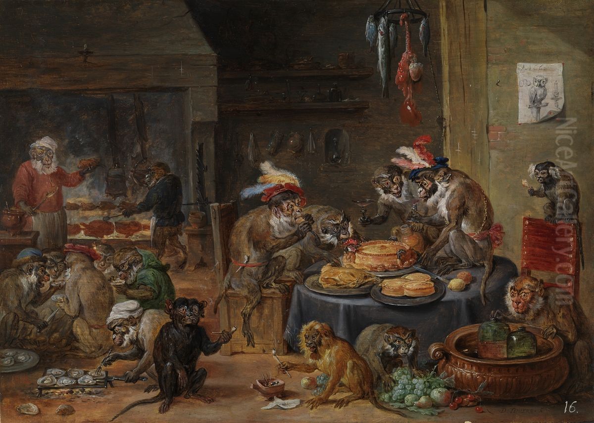 Monkey banquet. Oil Painting by David Teniers the Younger
