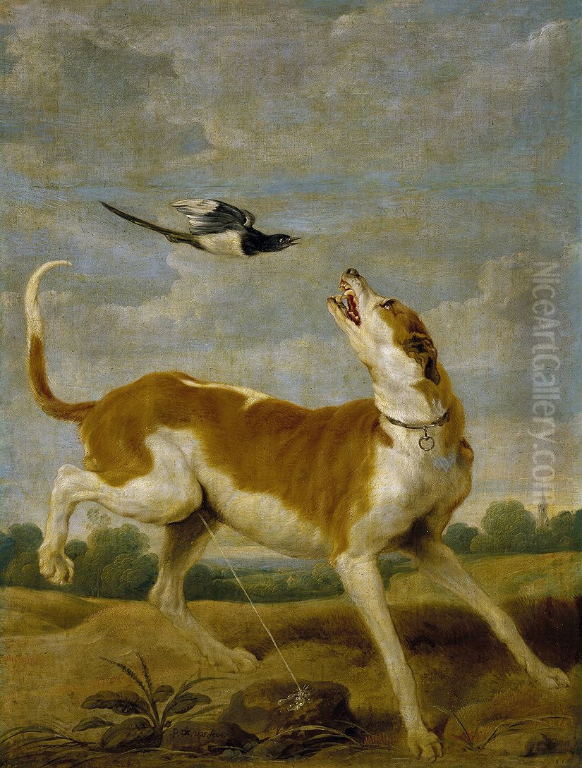 The dog and the magpie Oil Painting by Paul de Vos