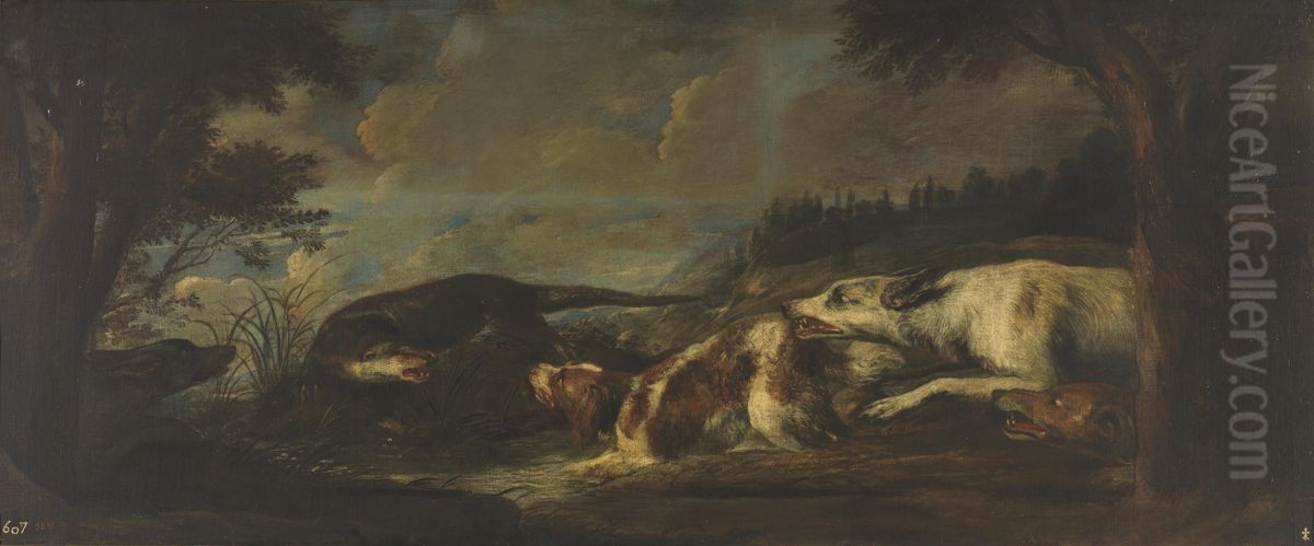 Otter harassed by dogs Oil Painting by Pieter Boel