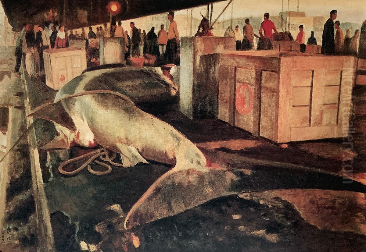 Fishmarket In The Pescadores Oil Painting by Li Mei-shu