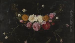 Garland of flowers suspended from two blue ribbons