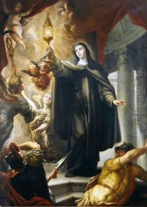 Santa Clara ahuyentando a los infieles con la Eucaristia