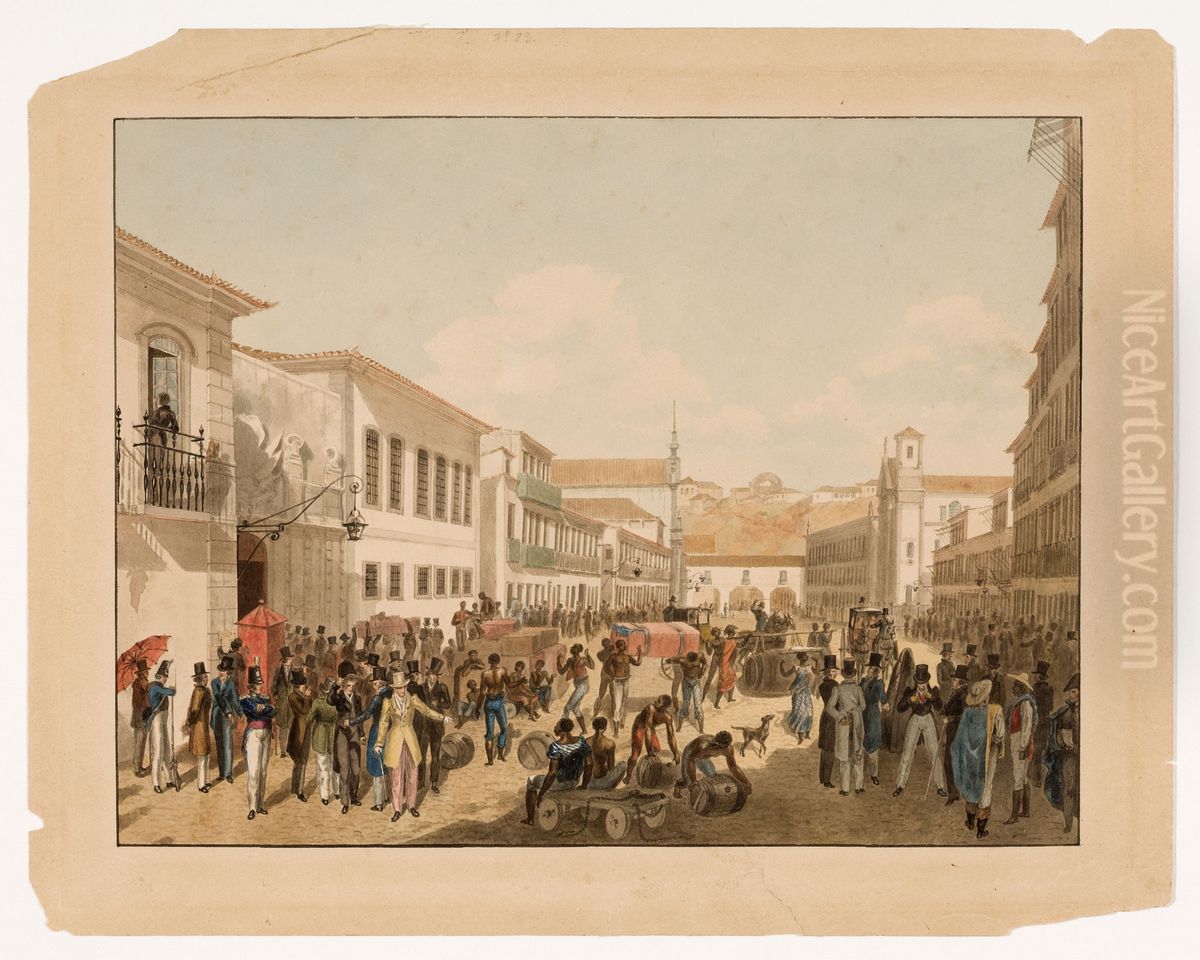 Rua Direita, Rio de Janeiro (atribuido) Oil Painting by Felix Taunay, Baron of Taunay