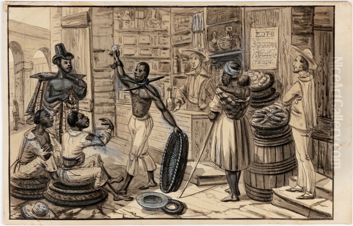 Scene au Pied de la Colline de Ste. Therese. Partie de l'Acqueduc de Rio Jan Negre affranchi donnant a boire a ses compatriotes esclaves Oil Painting by Harro Harring