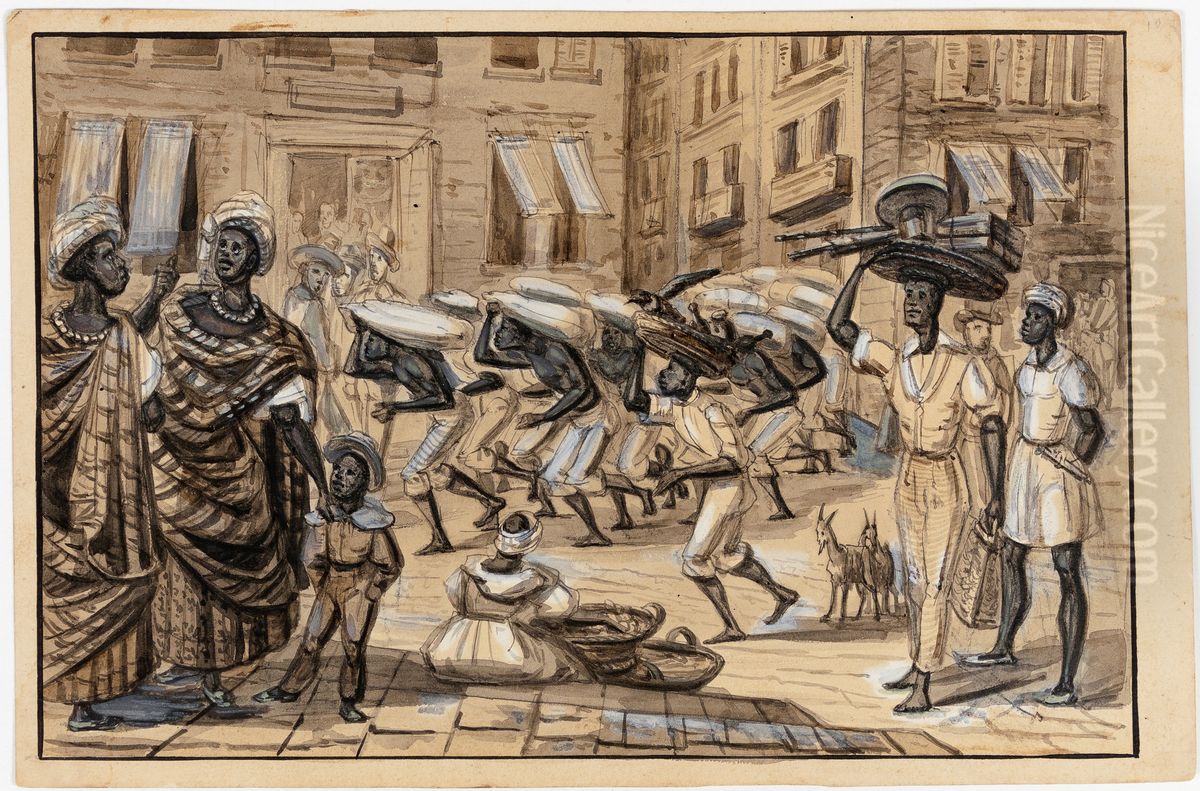 Scene de la Rua Direita. Negres porteurs de caffe - Negresses affranchies Negre affranchi - Voyageur affricain Oil Painting by Harro Harring