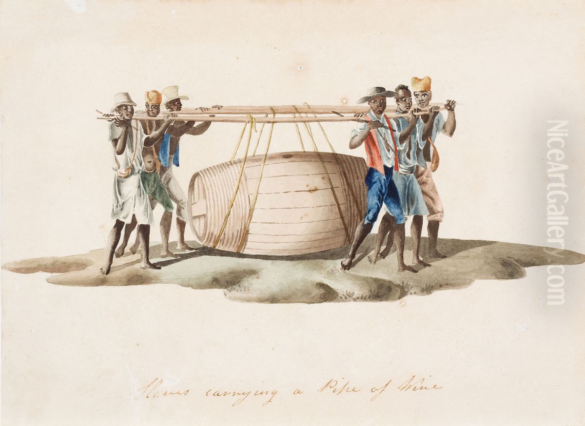 Slaves carryng a Pipe of Wine Oil Painting by Joaquim Candido Guilhobel