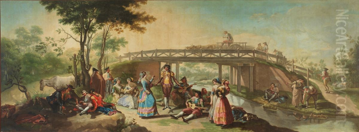 Un baile junto a un puente del canal del Manzanares Oil Painting by Ramon Bayeu
