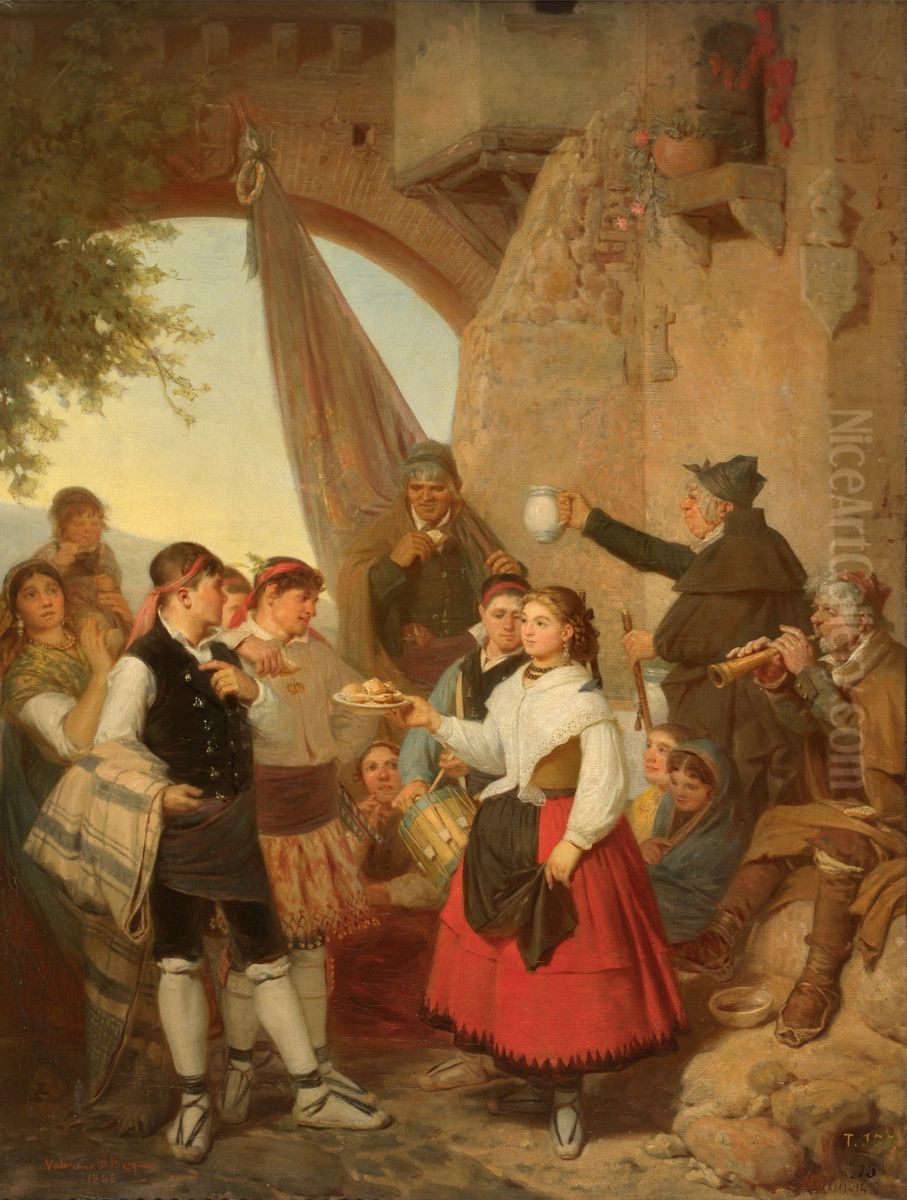 El presente. Fiesta mayor en Moncayo (Aragon) la vispera del santo patrono Oil Painting by Valeriano Becquer