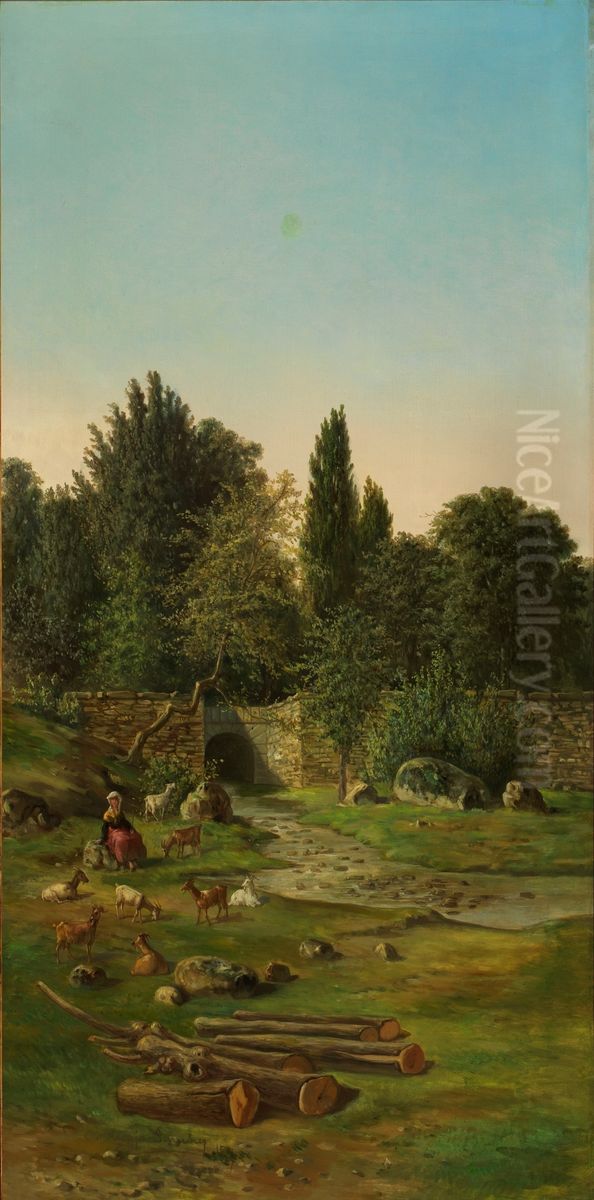 Paisaje con pastora de cabras junto a un rio Oil Painting by Ceferino Araujo