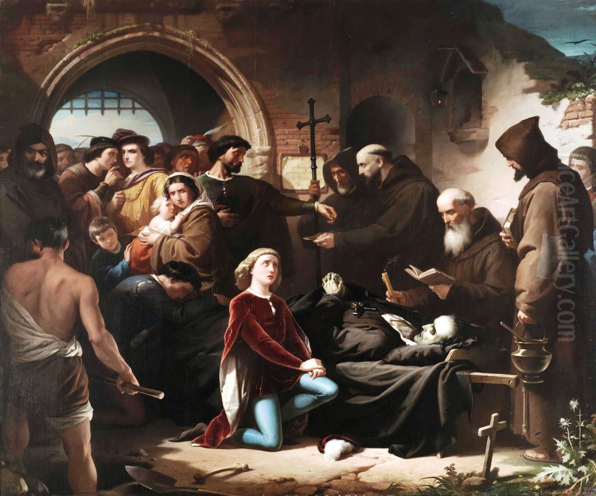 Don Alvaro de Luna, condestable y favorito del rey D. Juan II de Castilla, decapitado publicamente en la Plaza Mayor de Valladolid el 2 de junio de 1453, es enterrado de limosna en el cementerio de los ajusticiados extramuros de dicha ciudad Oil Painting by Eduardo Javier Ramon Cano de la Pena