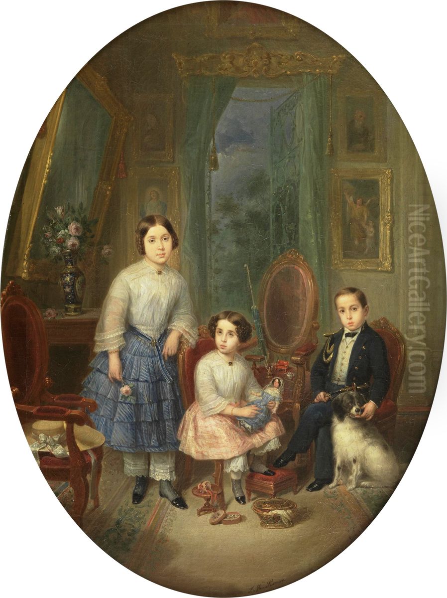 Enrique, Concepcion y Salud Santalo Oil Painting by Jose Maria Romero y Lopez