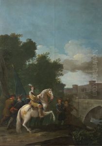 Un oficial a caballo y cuatro soldados a pie