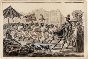 Scene de la Rua Direita. Negres porteurs de caffe allant toucher le payement de leur journee Negresses vendant des bananes e des oranges - Ecclesiastique en cabriolet s'entretenant avec deux freres de St. Antoine