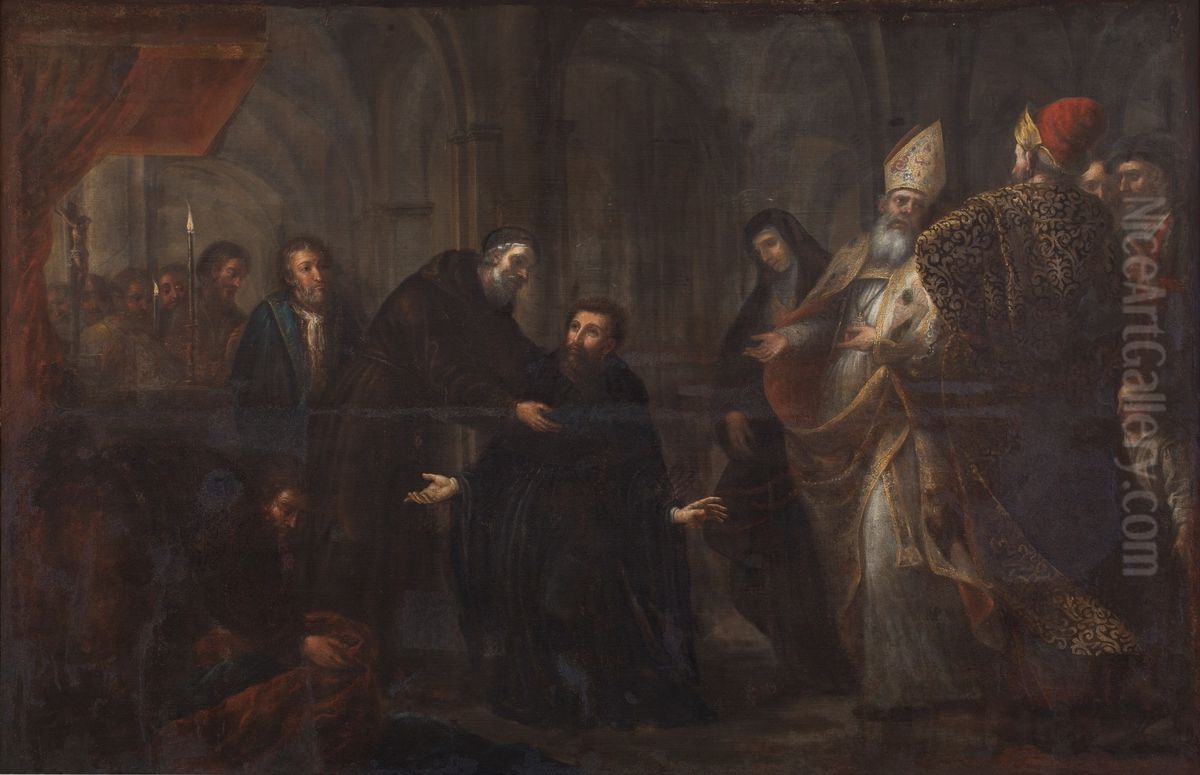 San Ambrosio imponiendo el habito a San Agustin Oil Painting by Jose Garcia Hidalgo