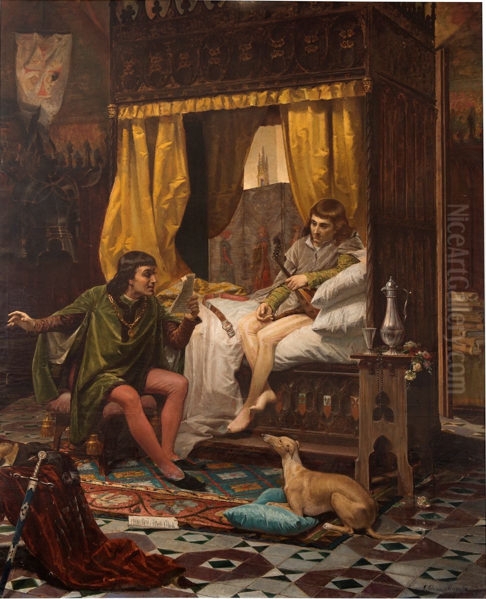 Ausias March leyendo sus trovas al Principe de Viana Oil Painting by Julio Cebrian Mezquita