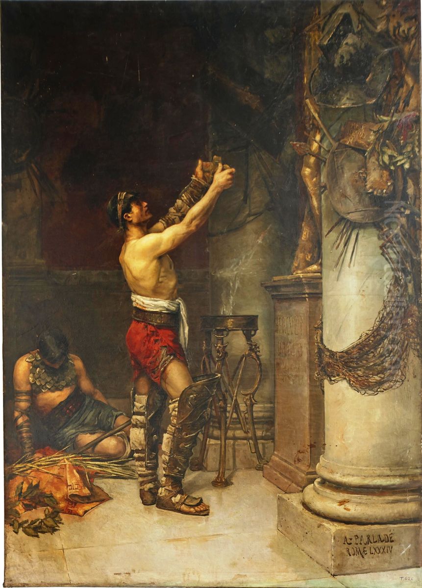 Gladiadores victoriosos ofreciendo las armas a Hercules guardian Oil Painting by Andres Parlade