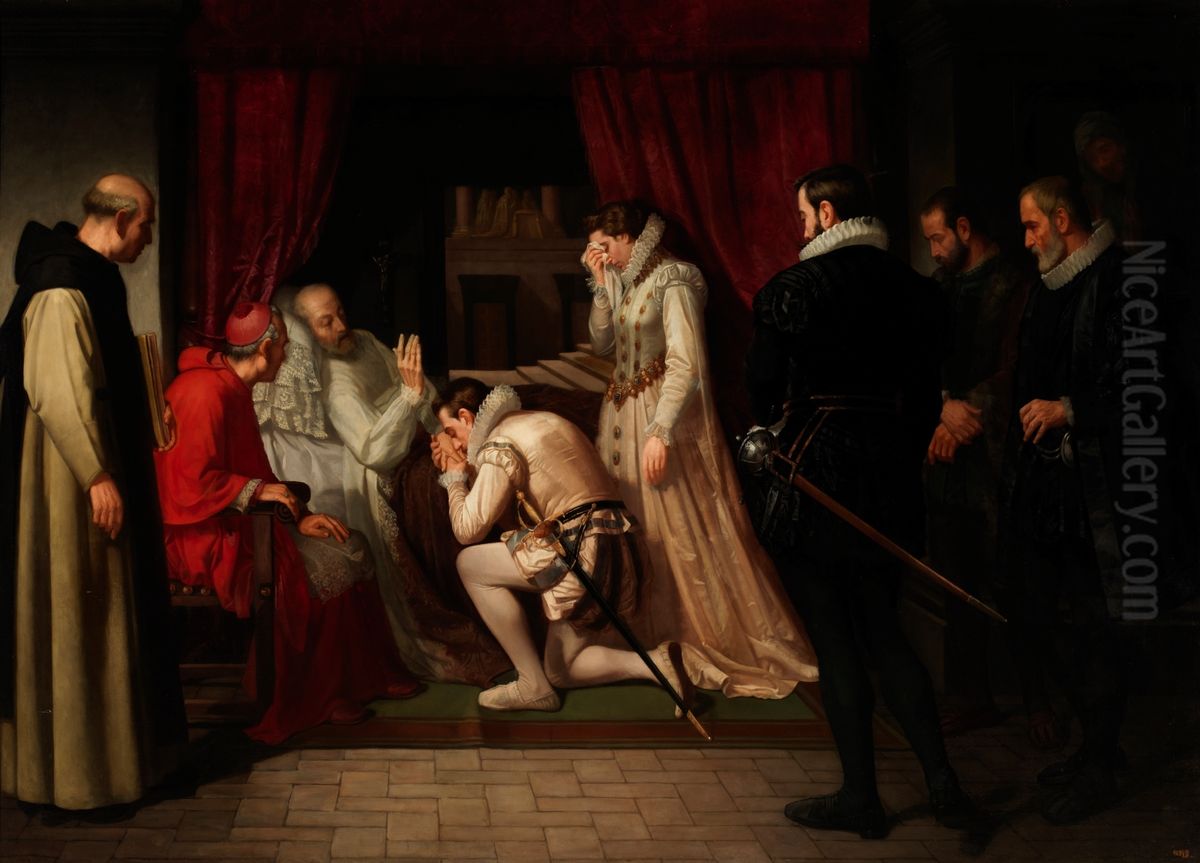 Ultimos momentos de Felipe II Oil Painting by Francisco Jover y Casanova