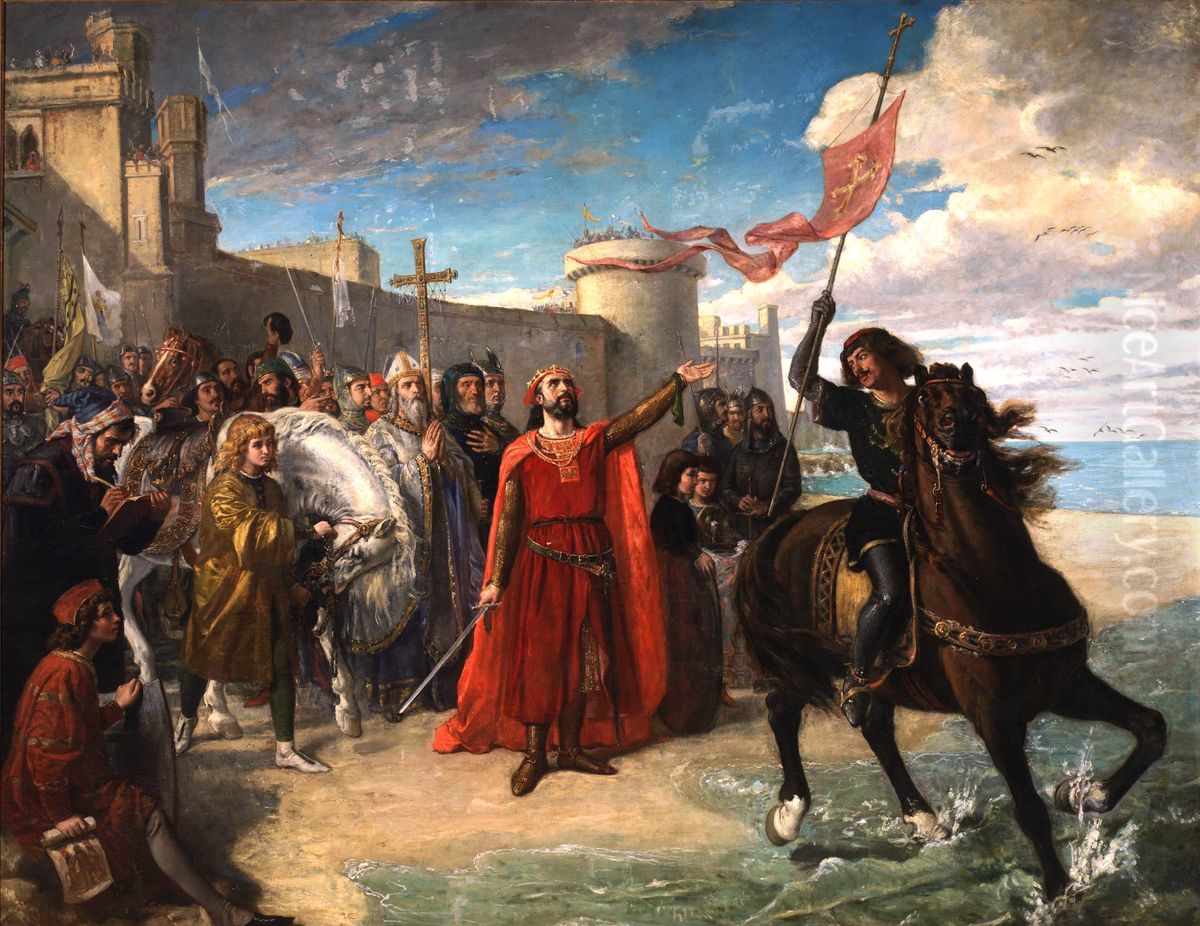 Don Alfonso X el Sabio, despues de haber ganado a los moros la plaza de Cadiz, primera plaza maritima que poseyeron los reyes de Castilla, tomo posesion del mar para abrir a los cristianos el camino que habia de conducirles al Africa Oil Painting by Matias Moreno