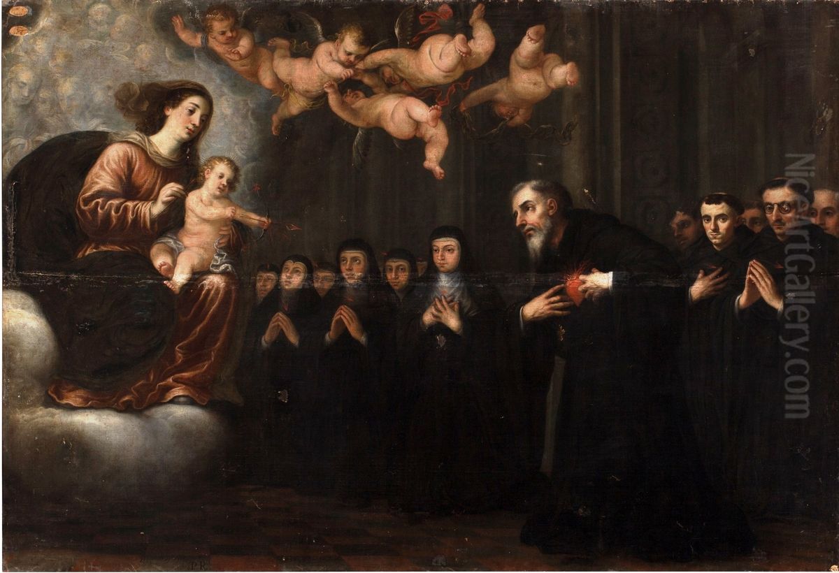 La Virgen y el Nino transverberando el corazon a San Agustin Oil Painting by Jose Garcia Hidalgo