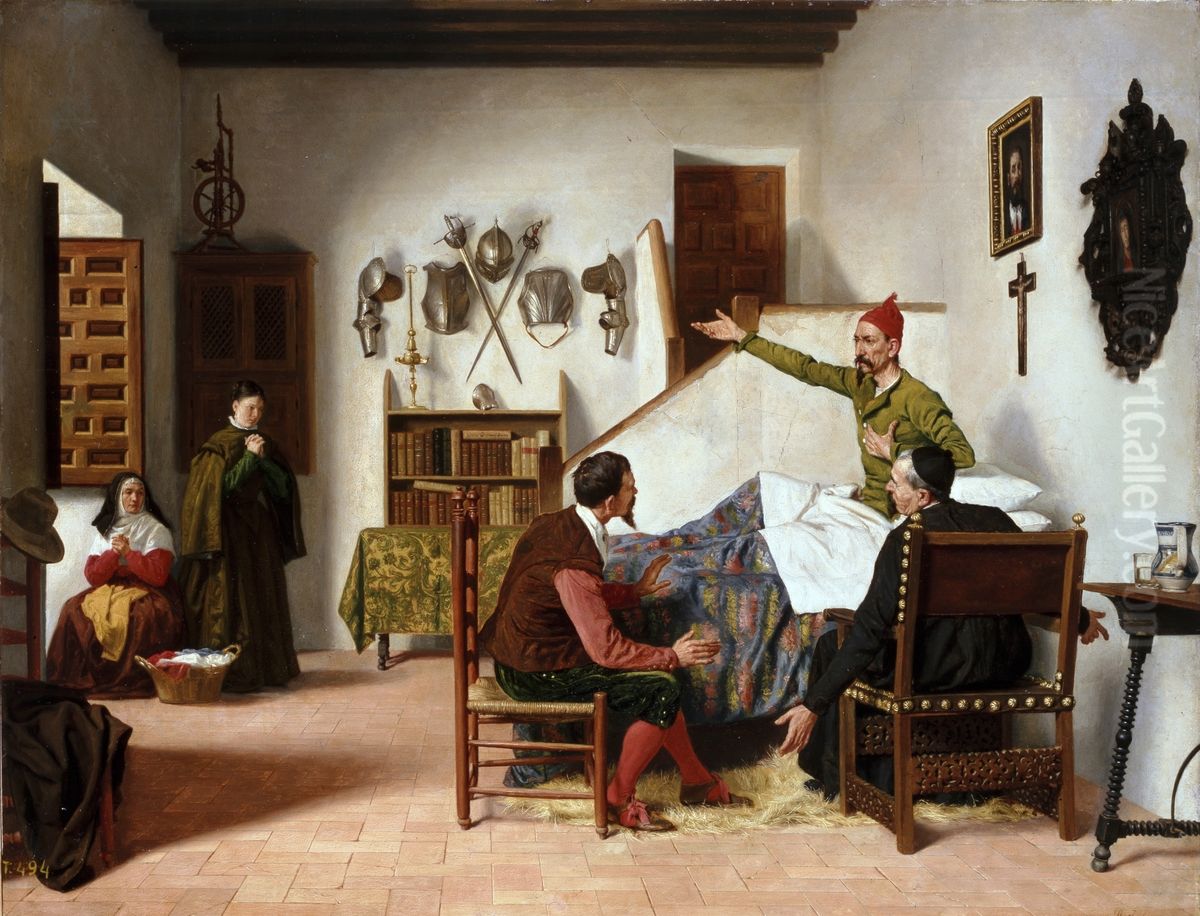 Visita del cura y el barbero a Don Quijote Oil Painting by Miguel Jadraque y Sanchez