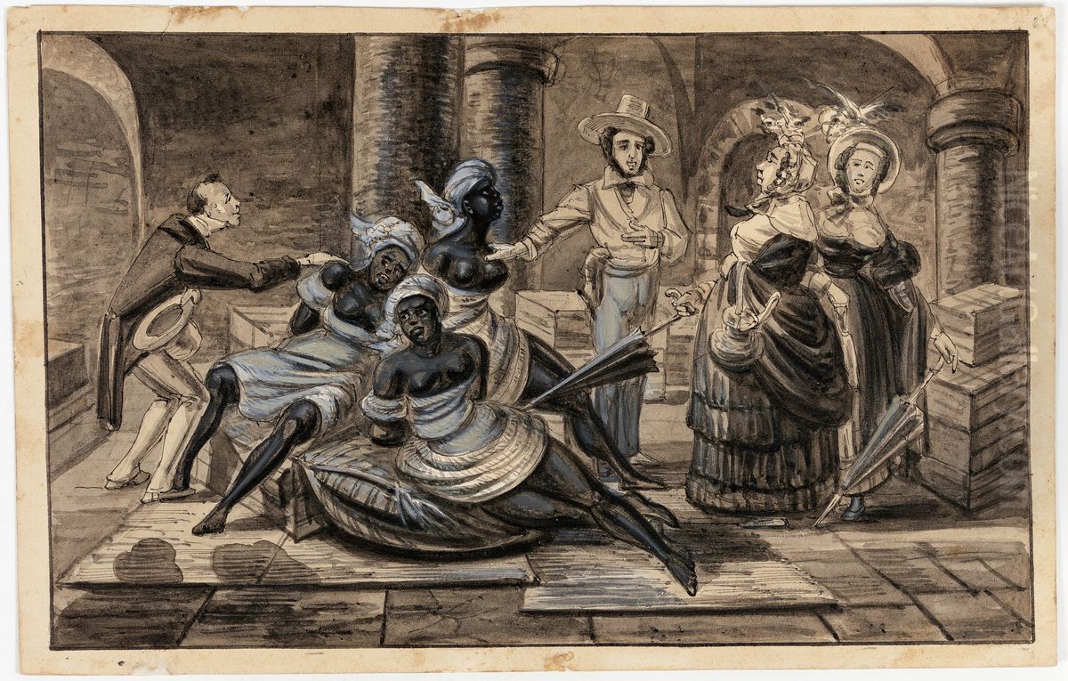 Inspection de negresses nouvellement debarquees de l'Afrique. Homme d'affaires de Mrs Quickly. Les modernes Mr. Quickly et Dolly Oil Painting by Harro Harring