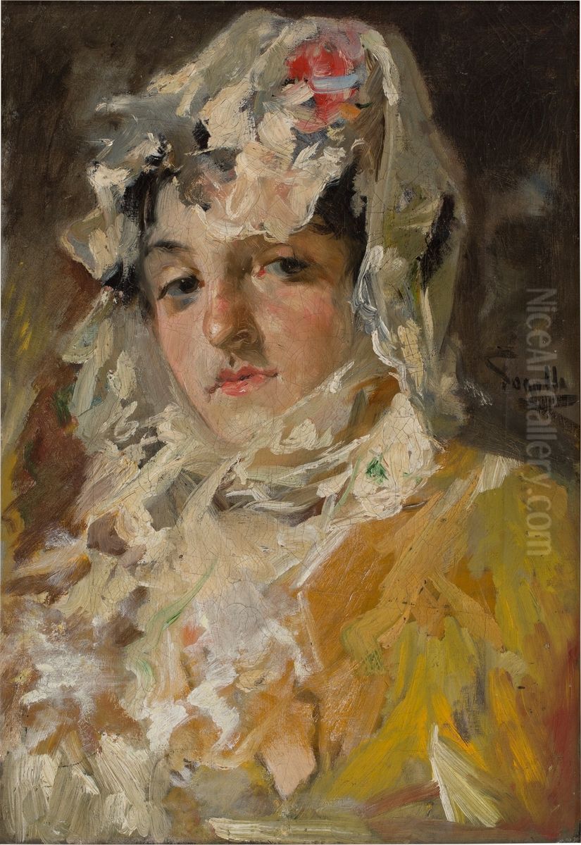 Cabeza de mujer con mantilla blanca Oil Painting by Joaquin Sorolla