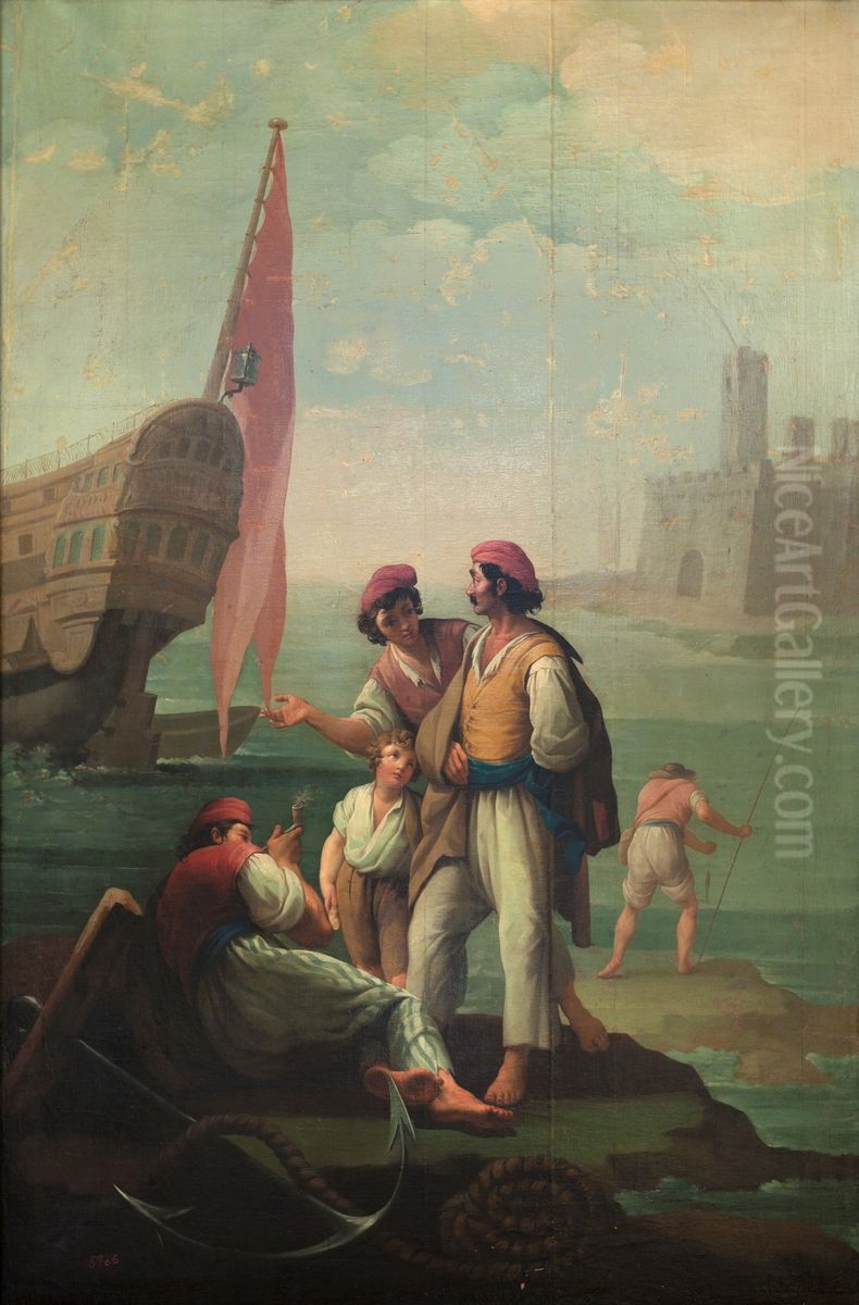 Cuatro marineros y un nino Oil Painting by Zacarias Gonzalez Velazquez