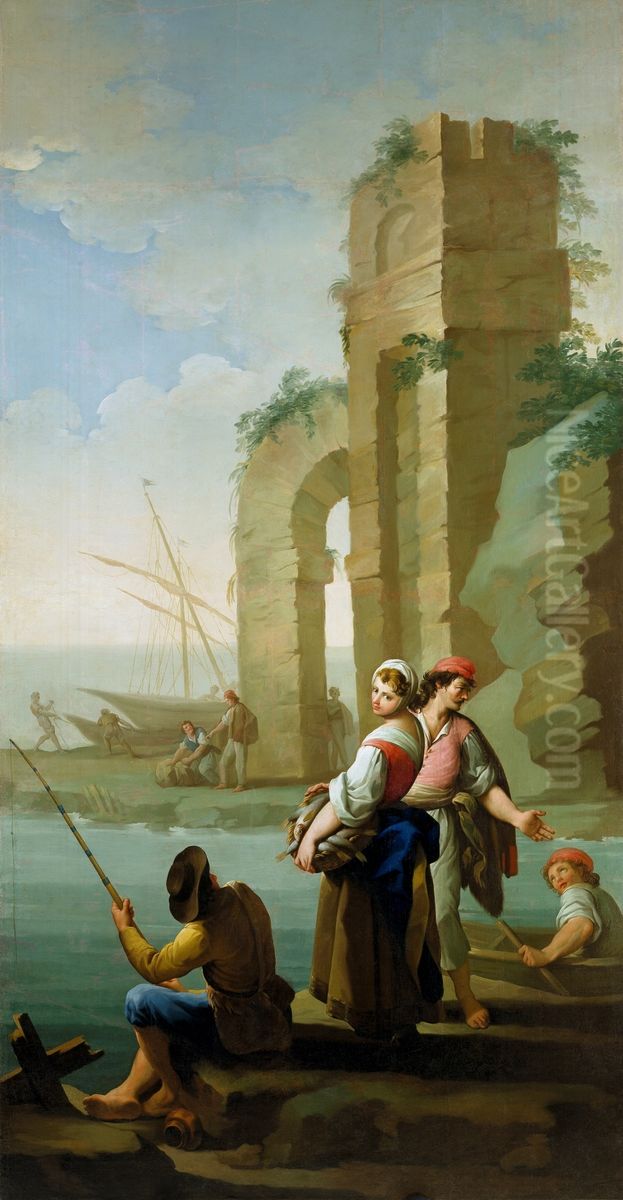 Pescadores y una mujer con una cesta de peces Oil Painting by Zacarias Gonzalez Velazquez