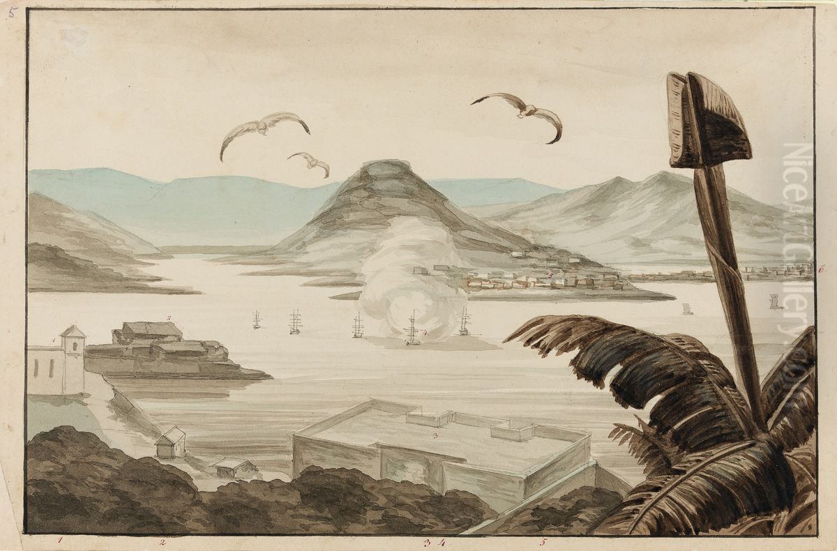 Panorama de la Baie de Rio-Janeiro Prise de Santa Therese Sta. Lucia, Faubourg de la Misericorde, Promenade Publique, Station des Navires de la Marine Rle. Etrangere, Armacao Arsenal de la Marine Oil Painting by Harro Harring