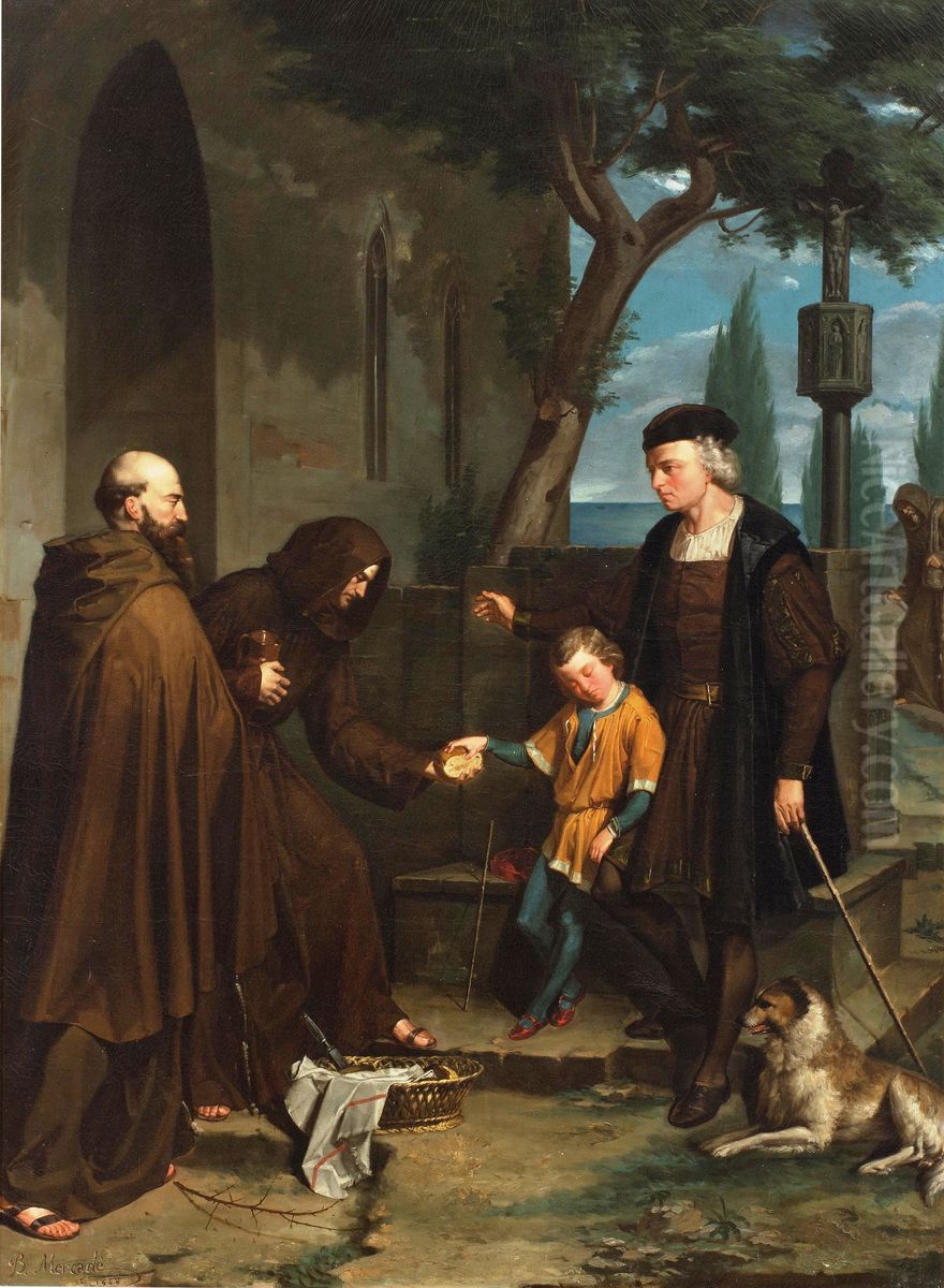 Colon en las puertas del convento de Santa Maria de la Rabida, pidiendo pan y agua para su hijo Oil Painting by Benet Mercade
