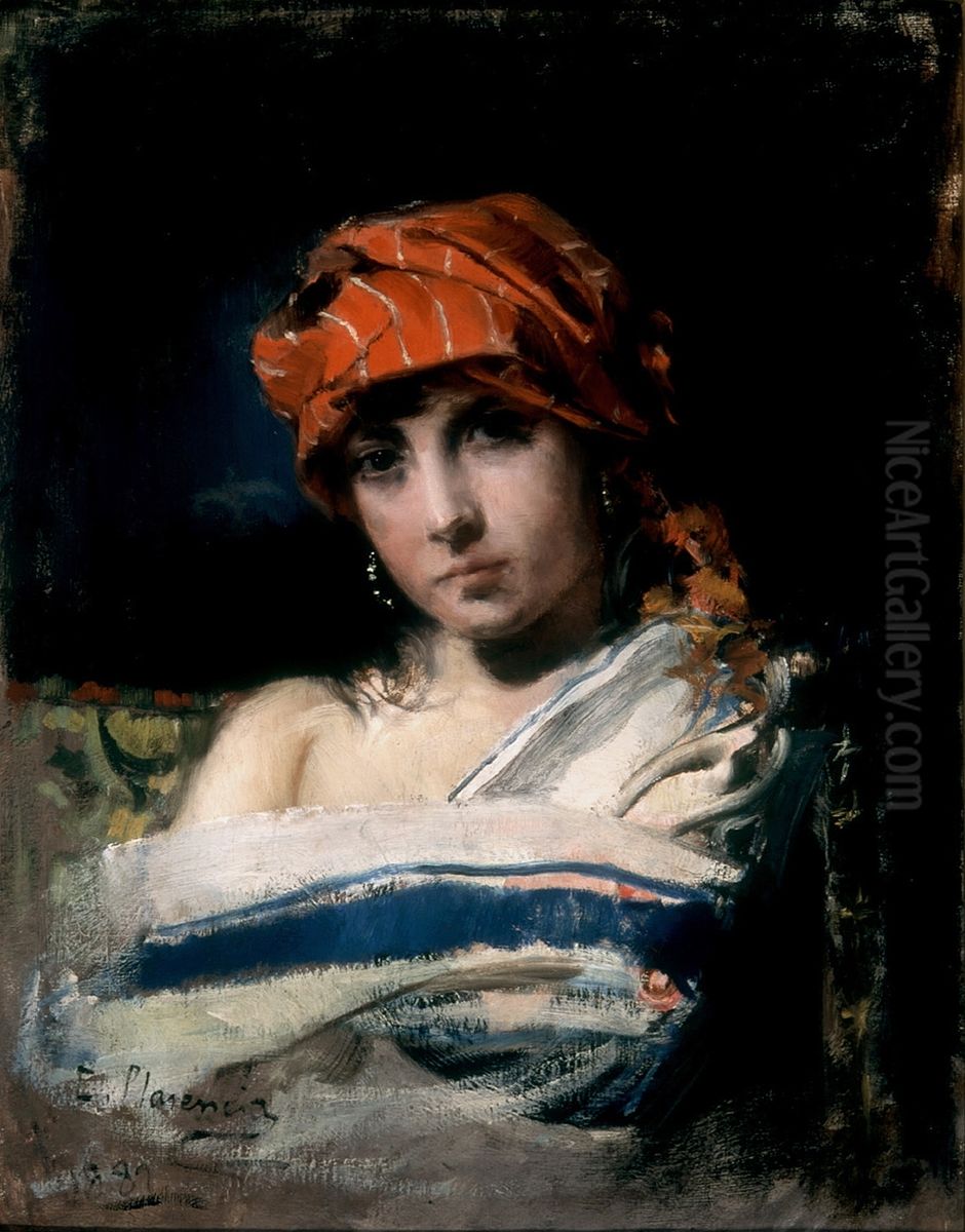 La joven del panuelo rojo Oil Painting by Casto Plasencia