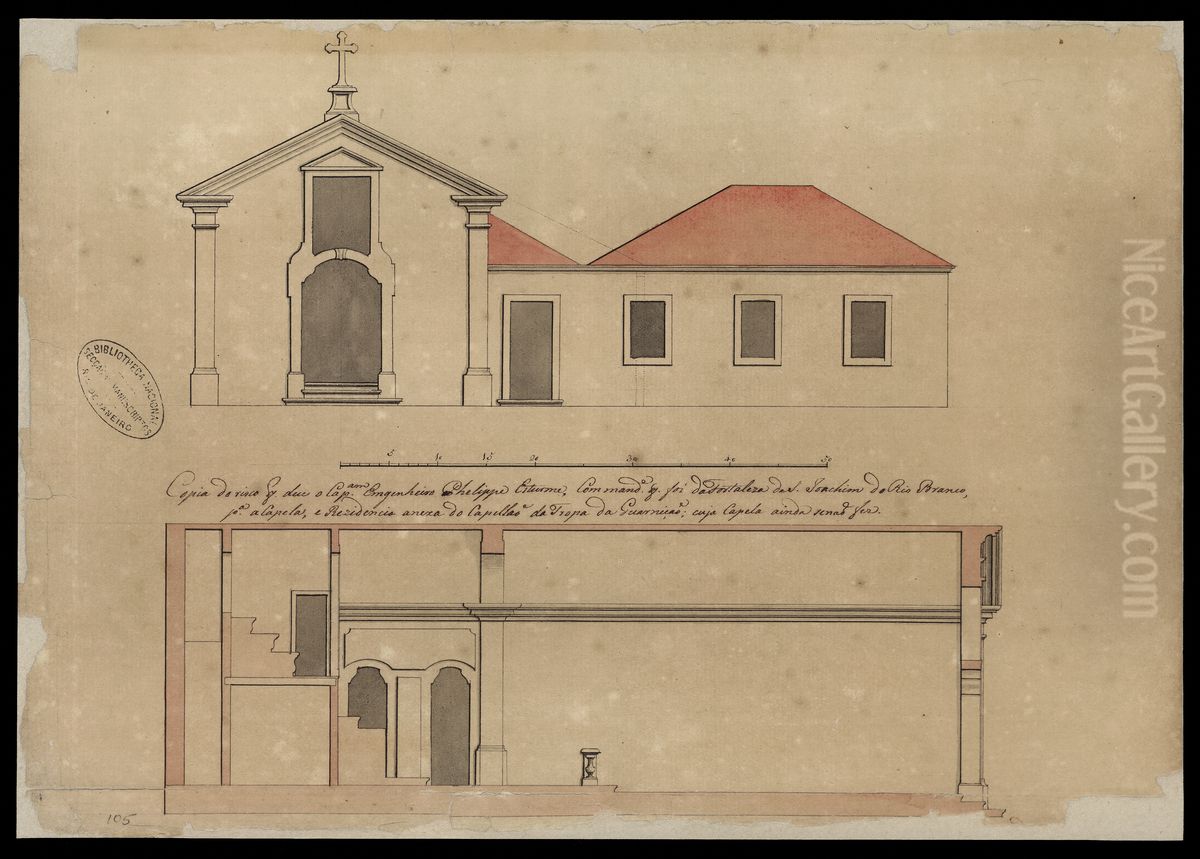 Copia do risco que deu o Capitao engenheiro Phelippe Esturme, comandante que foi da Fortaleza de S. Joaquim do Rio Branco, para a capela e residencia anexa do Capelao da Guarnicao; cuja capela ainda se nao fez Oil Painting by Joaquim Jose Codina