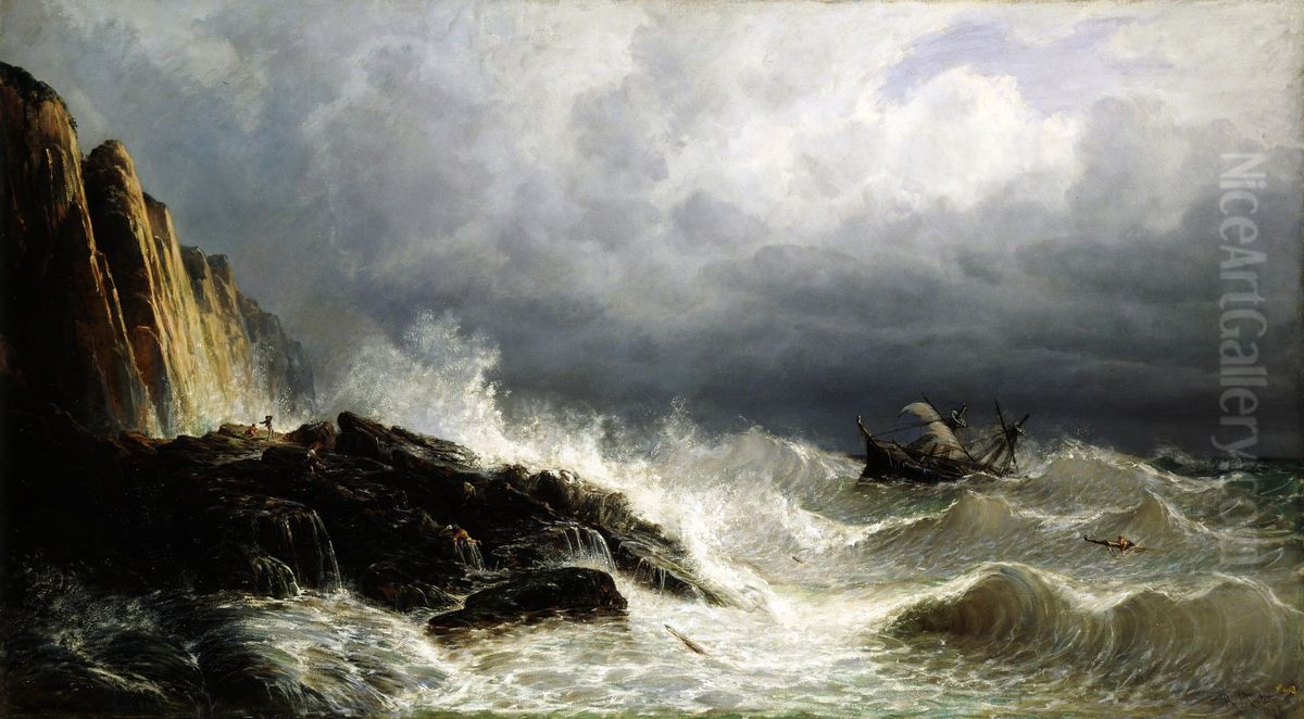 Un naufragio en las costas de Asturias Oil Painting by Rafael Monleon