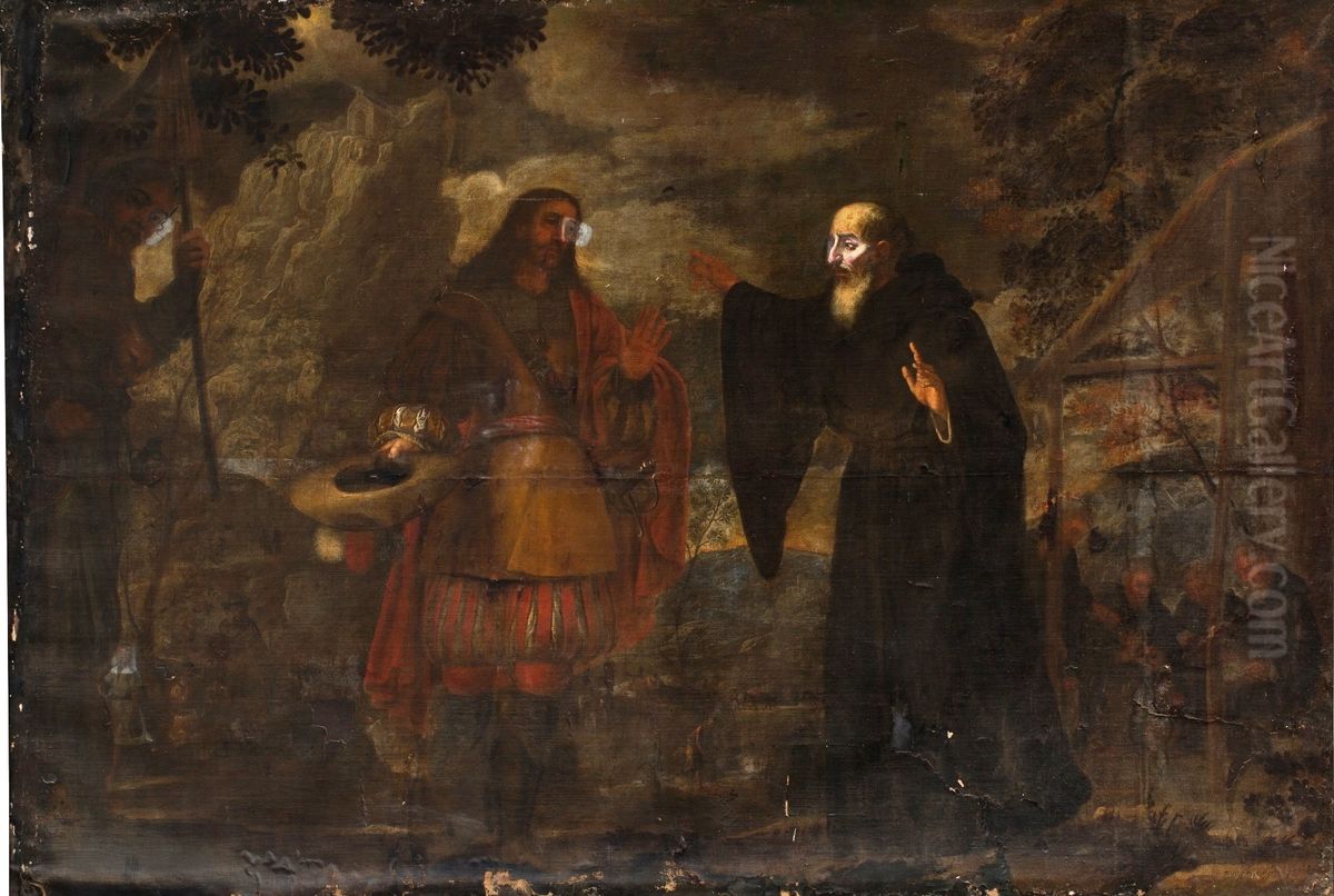 San Agustin recibe a Cristo peregrino Oil Painting by Jose Garcia Hidalgo