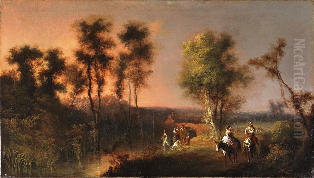 Paisaje fluvial con figuras Oil Painting by Manuel Barron y Carrillo