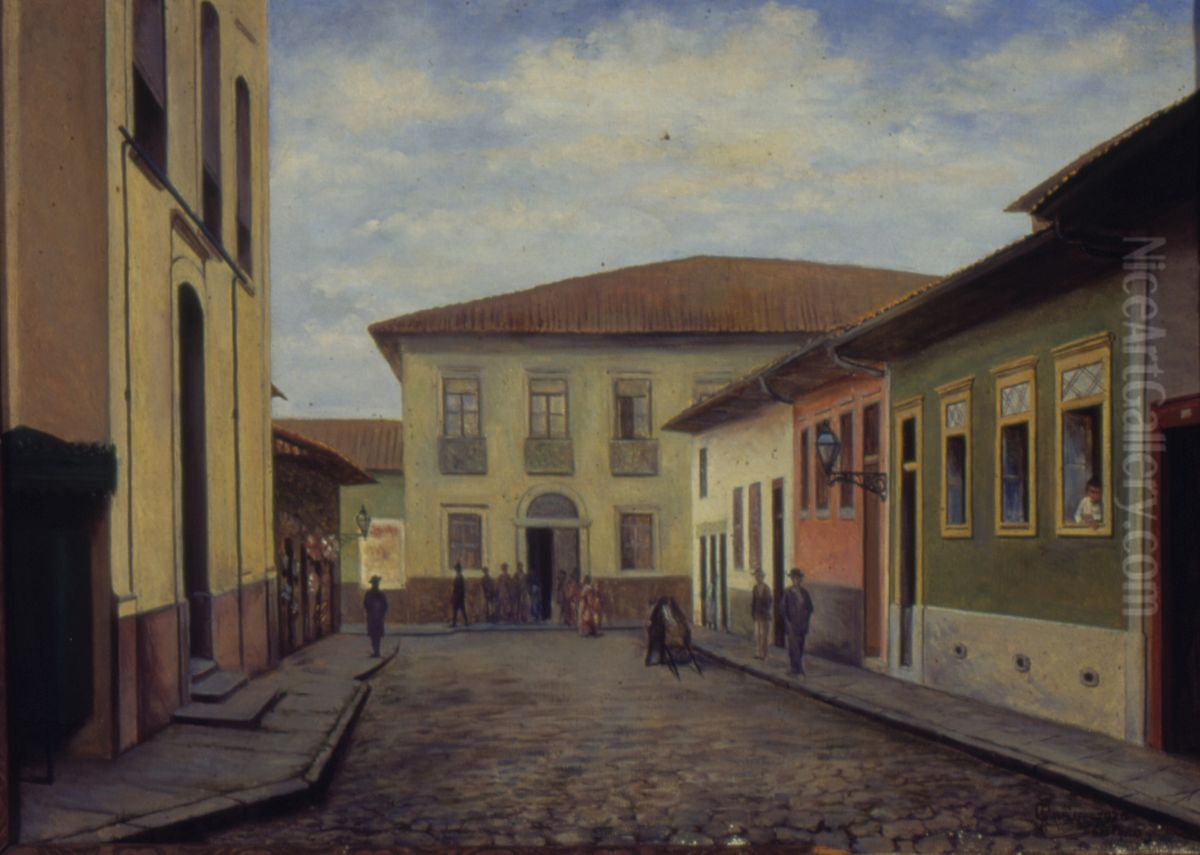 Rua Direita e Igreja de Santo Antonio, 1860 Oil Painting by Pedro Galbiati
