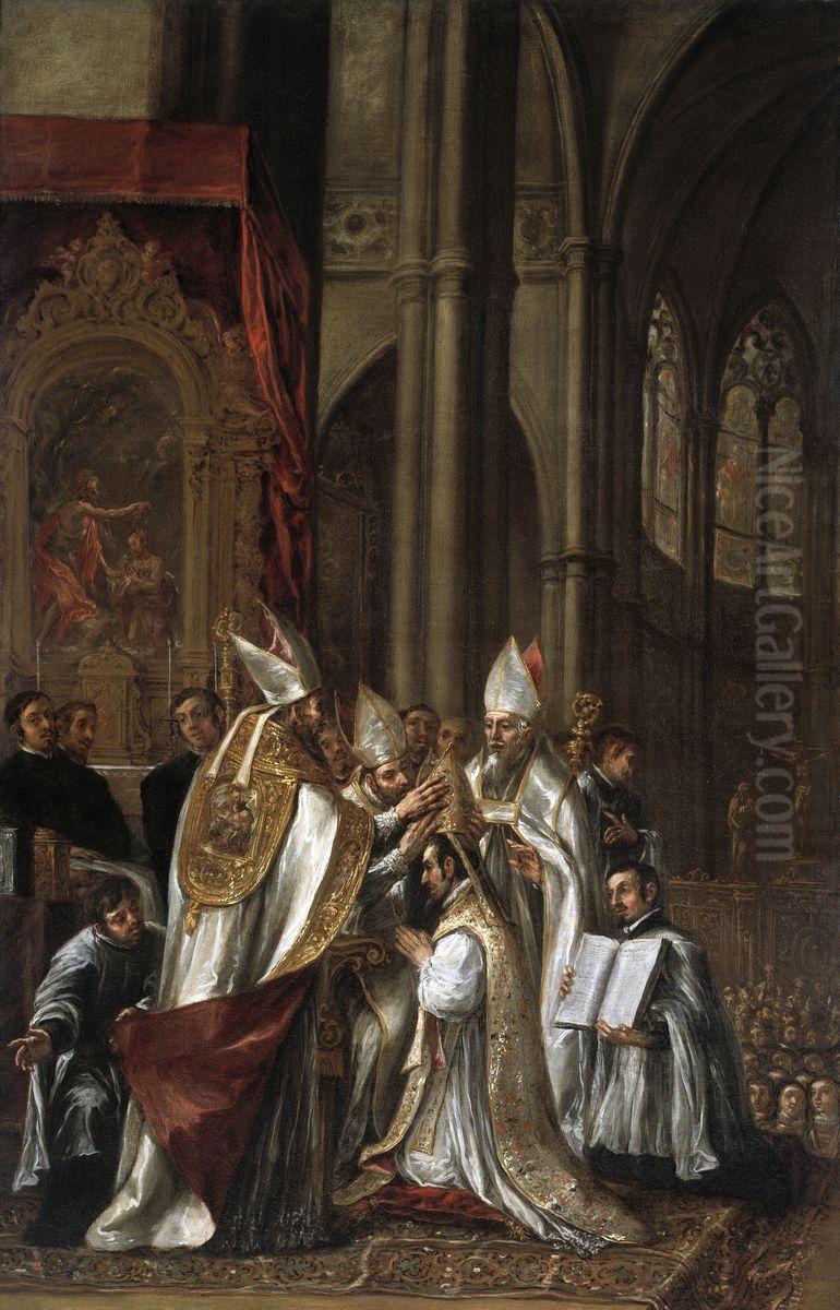 La consagracion de San Ambrosio como arzobispo Oil Painting by Juan De Valdes Leal