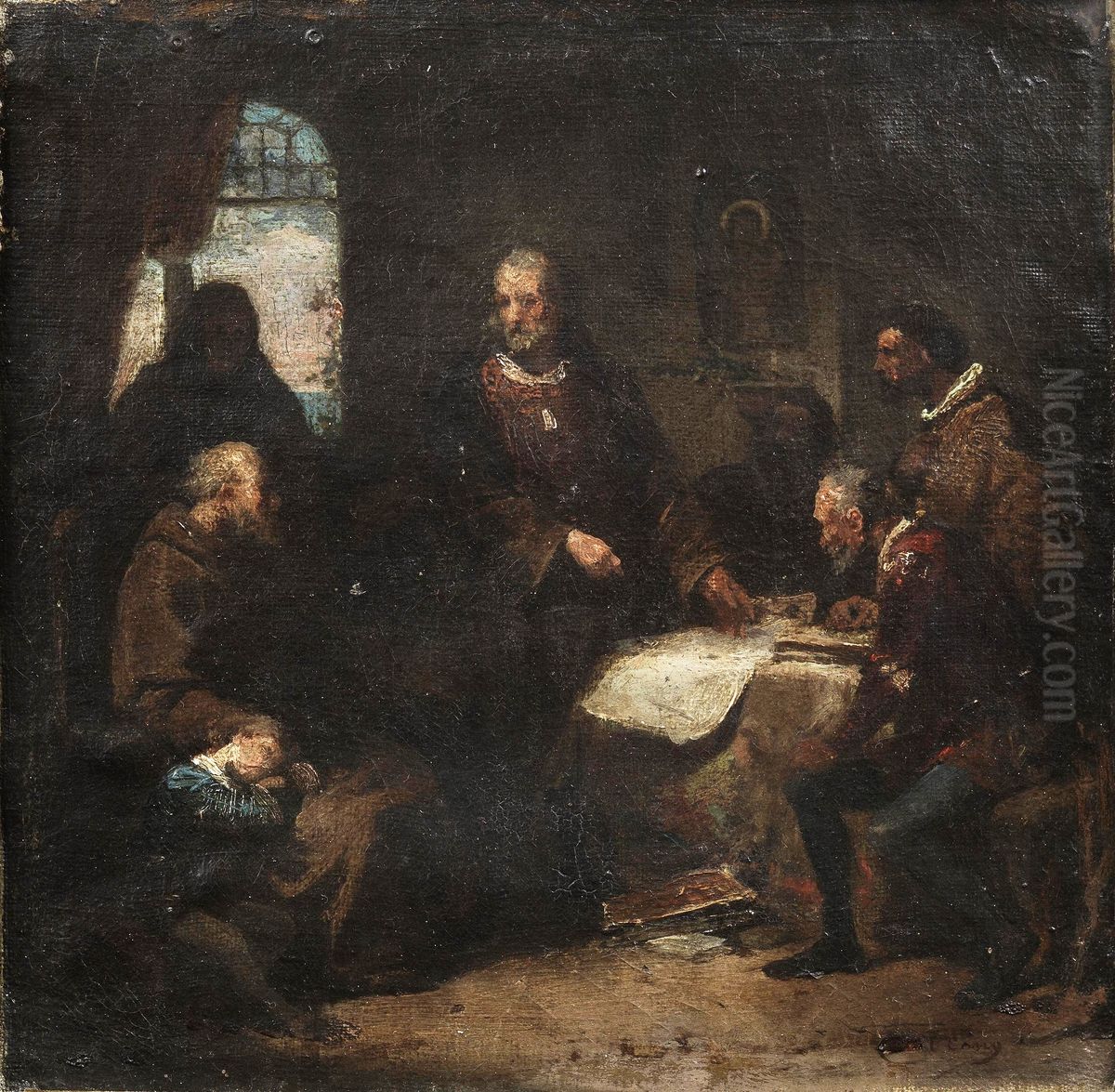 Cristobal Colon en el convento de la Rabida (boceto) Oil Painting by Eduardo Javier Ramon Cano de la Pena