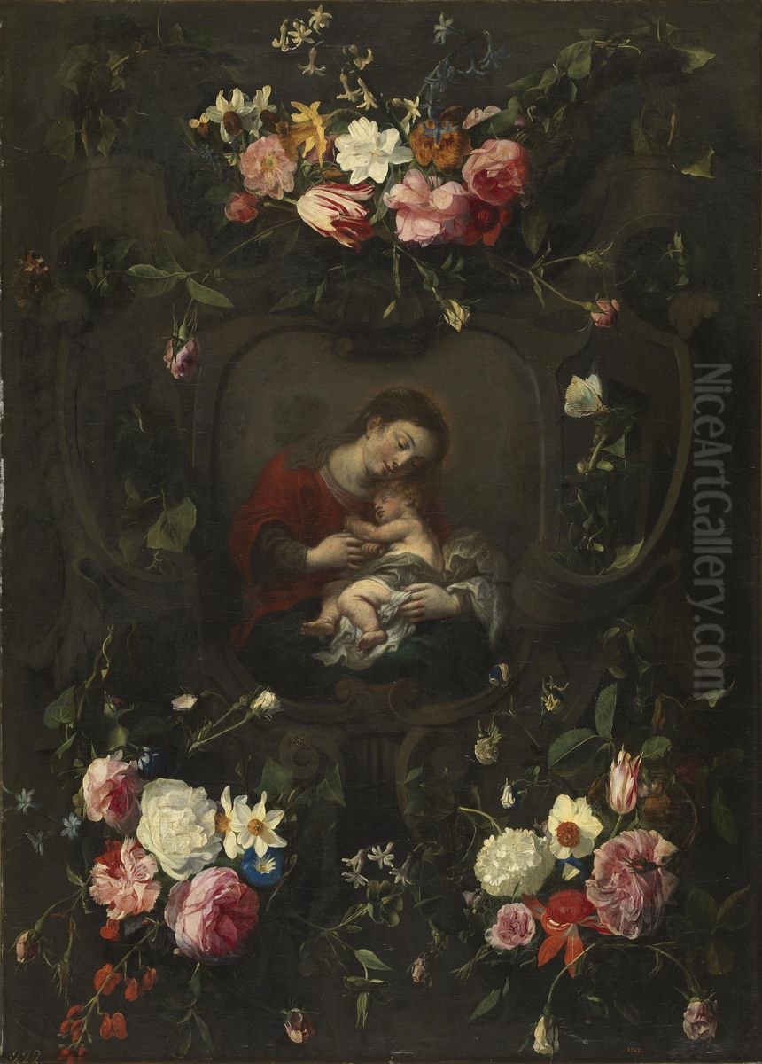 Sculpted cartouche adorned with flowers with a representation of the Virgin and child Oil Painting by Daniel Seghers