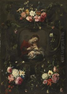 Sculpted cartouche adorned with flowers with a representation of the Virgin and child