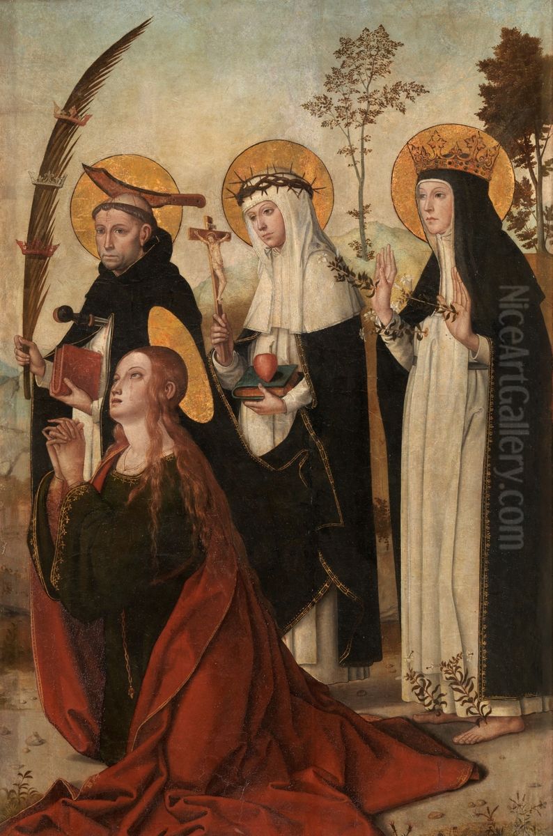 La Magdalena, San Pedro de Verona, Santa Catalina de Siena y la beata Margarita de Hungria Oil Painting by Juan de Borgona