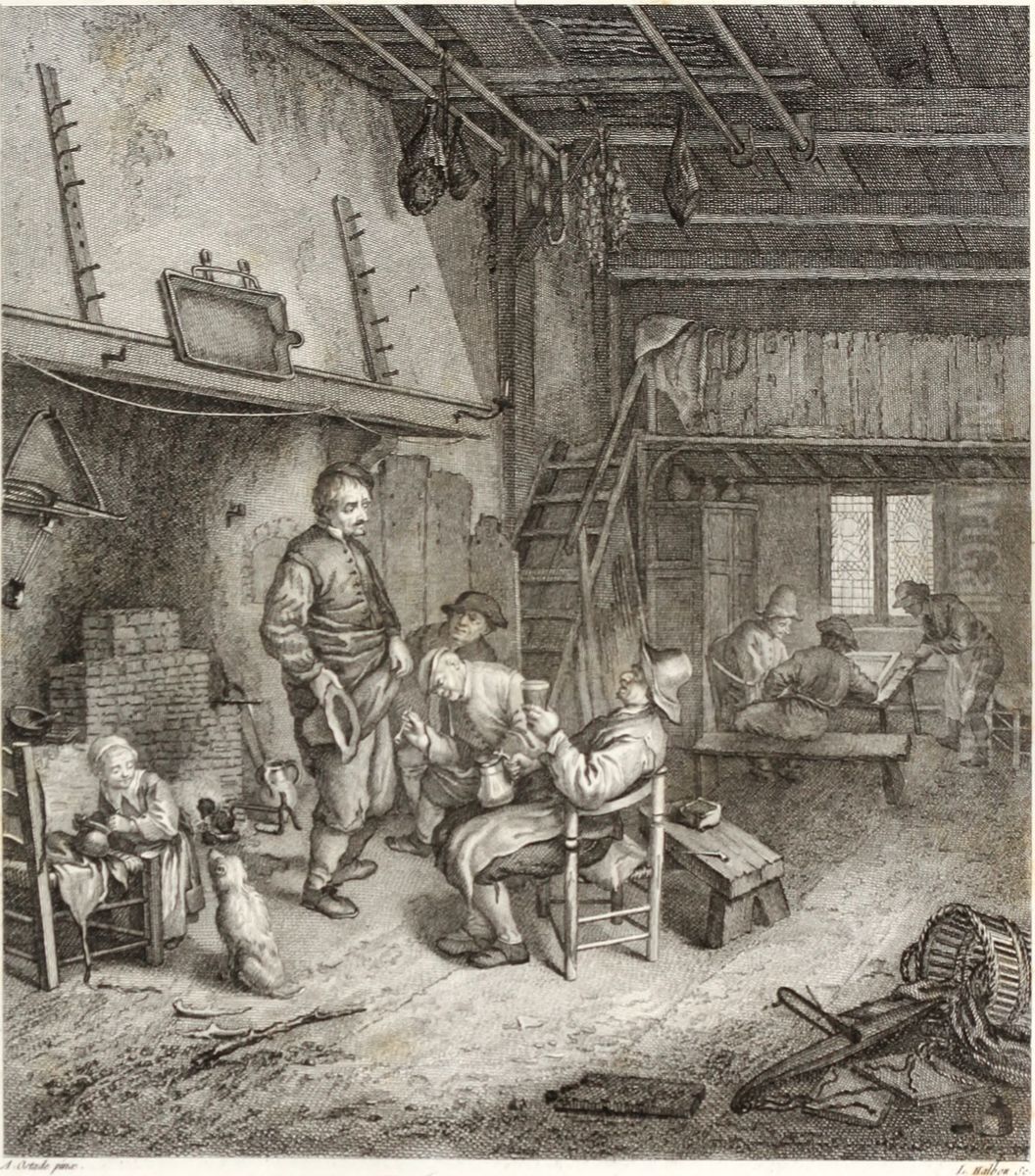 Interior with four peasants smoking and drinking Oil Painting by Louis Michel Halbou