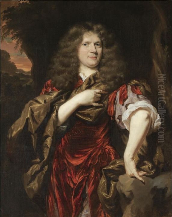 Portrait ofLaurence Hyde, 1st Earl of Rochester(1642-1711), three-quarter length, wearing a red tunic and standing in a landscap Oil Painting by Nicolaes Maes
