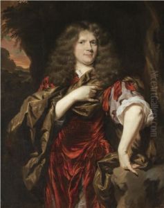 Portrait ofLaurence Hyde, 1st Earl of Rochester(1642-1711), three-quarter length, wearing a red tunic and standing in a landscap