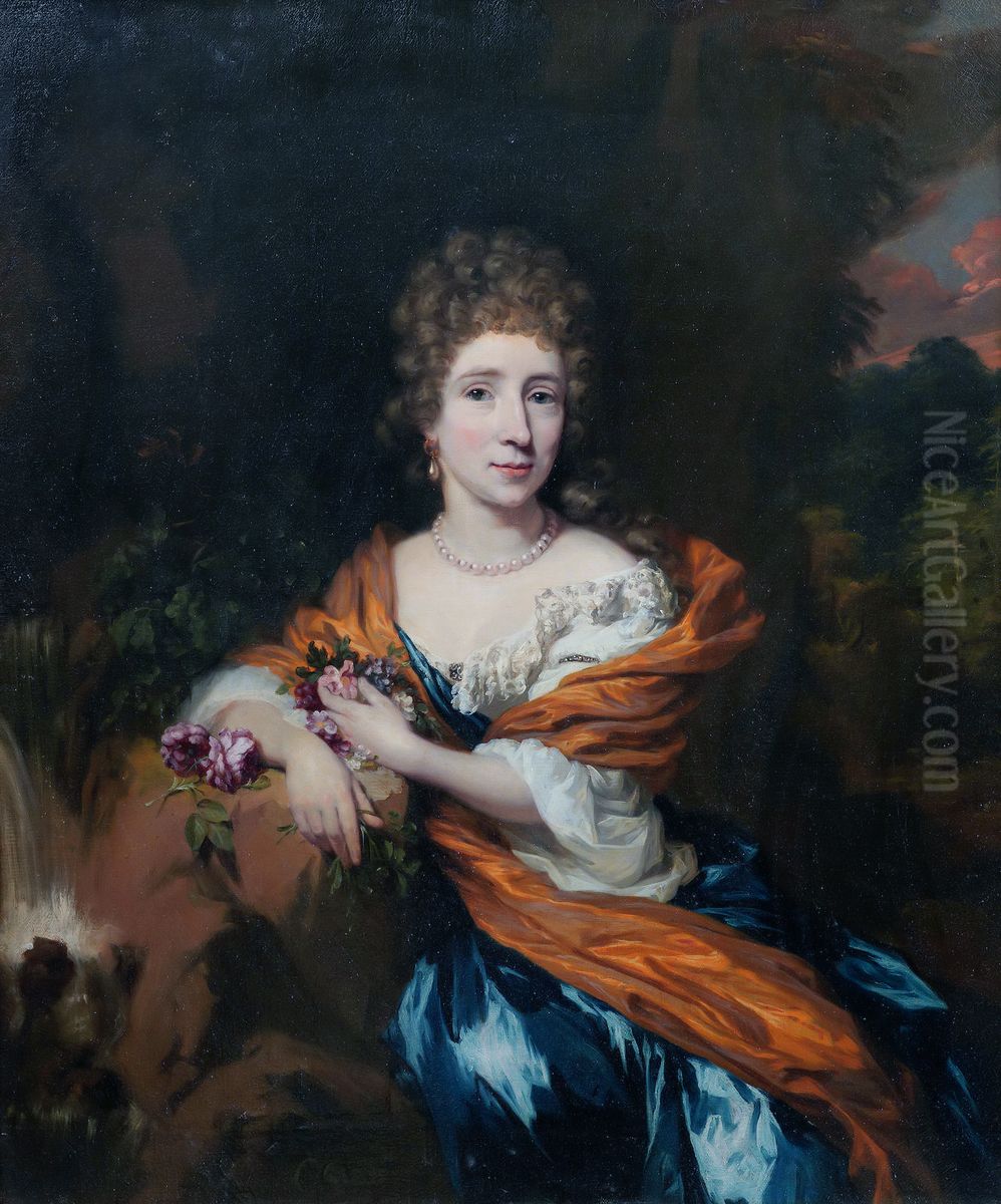 Porrait of a woman in a blue dress with an orange stola sitting next to a well Oil Painting by Nicolaes Maes