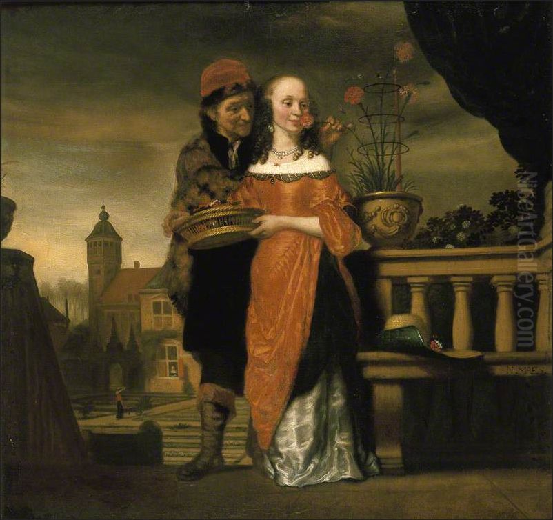 Man holding a carnation to a woman's nose: an allegory of the sense of smell Oil Painting by Nicolaes Maes