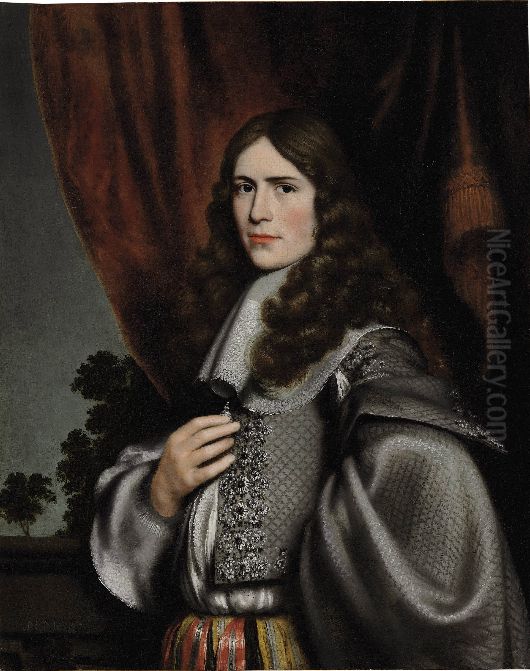 Portrait of a gentleman, half-length, in a gray coat Oil Painting by Nicolaes Maes